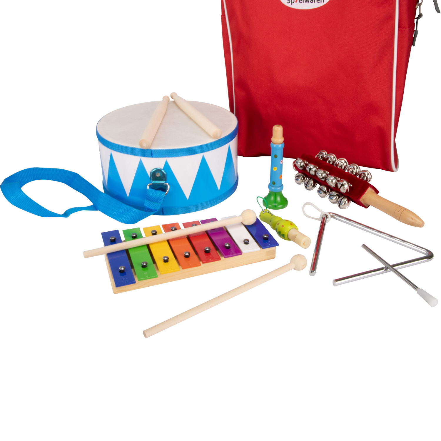 Musikset für Kinder aus Holz im Rucksack: Trommel, Xylophon, Triangel, Rassel, Pfeifen für Mädchen und Jungen - 3878 (Rot)