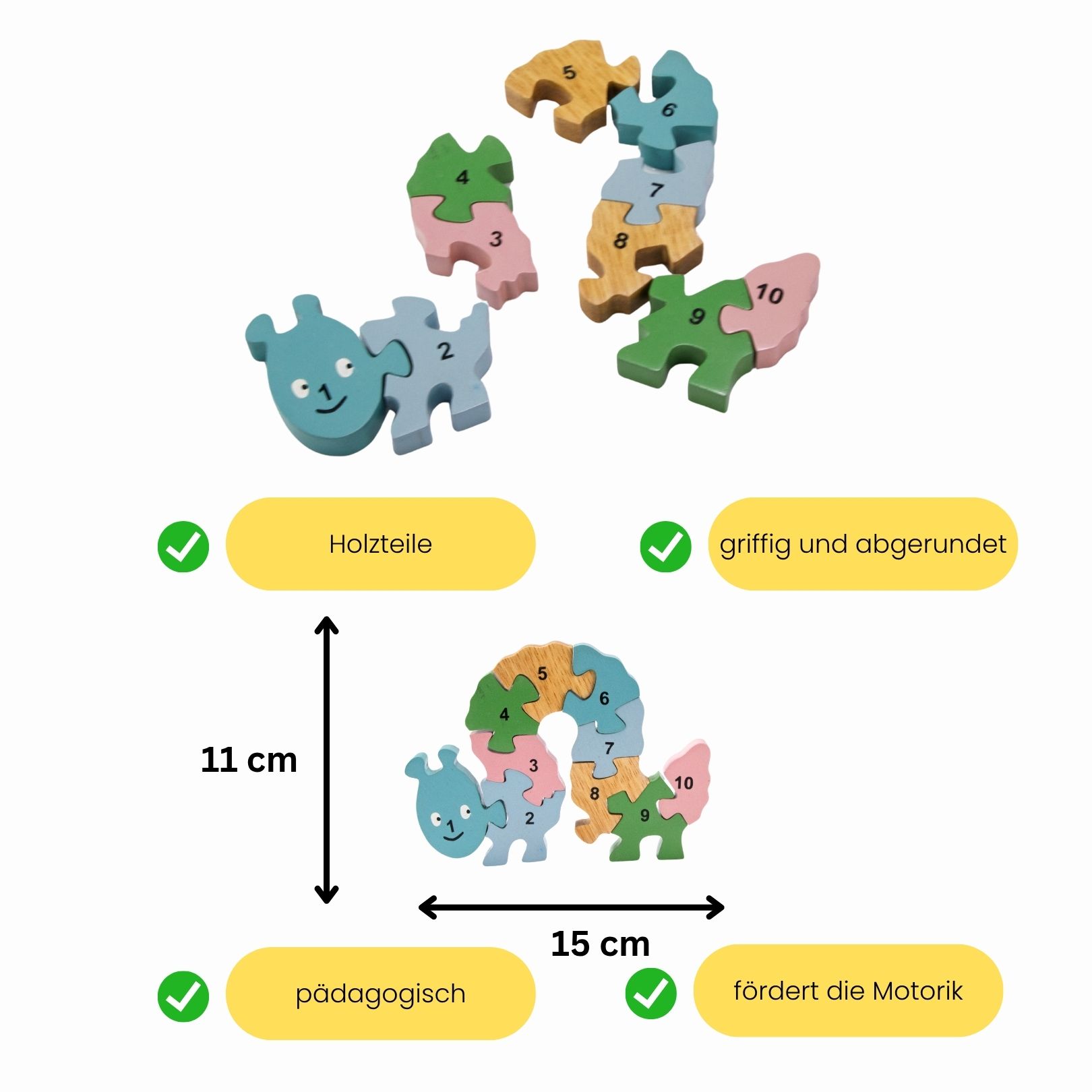 Holzpuzzle Raupe pastell mit Zahlen von 1 bis 10- 3936
