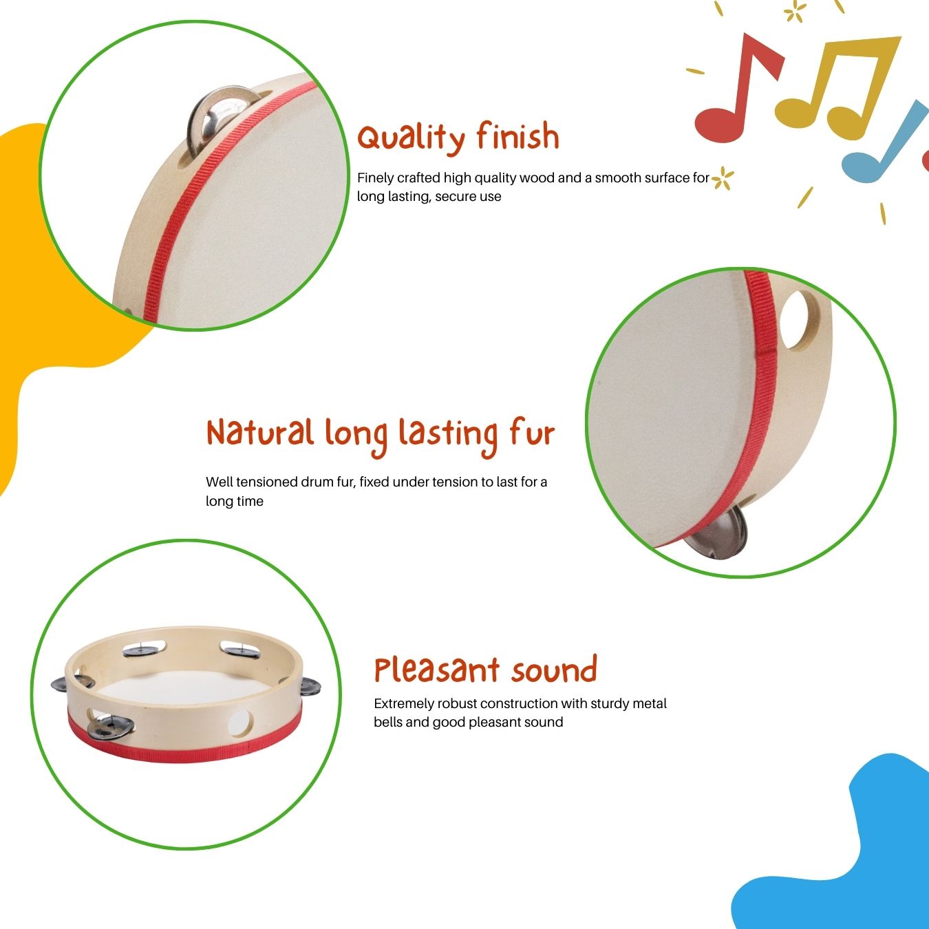 Tamburin Handtrommel Musikinstrument für Kinder D: 20 cm aus Holz mit 5 Schellen - 3833