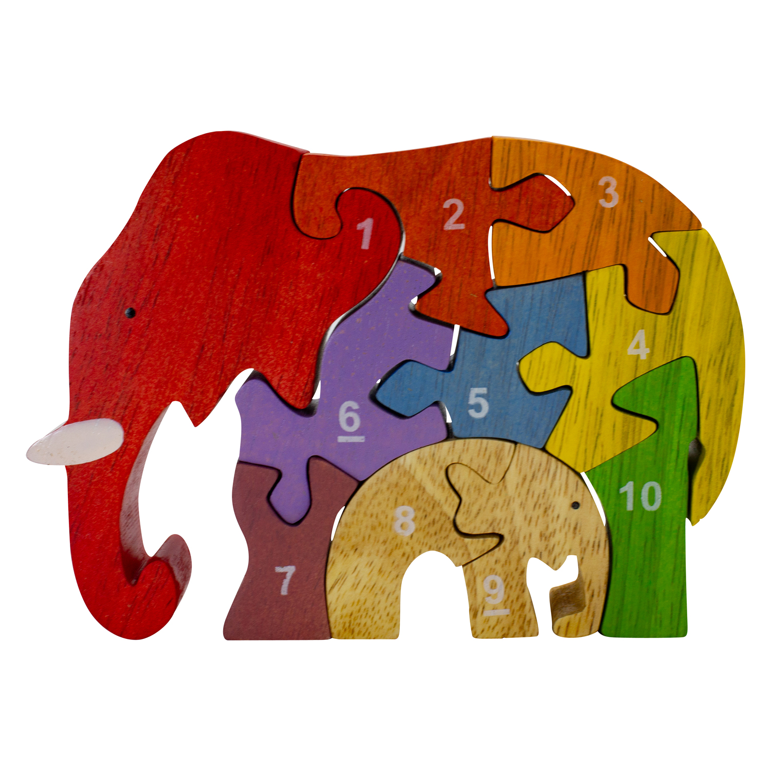 1-10 Zahlen Puzzle Elefant,  Zahlenpuzzle für Kinder 10 -tlg Holz lasiert - 2903
