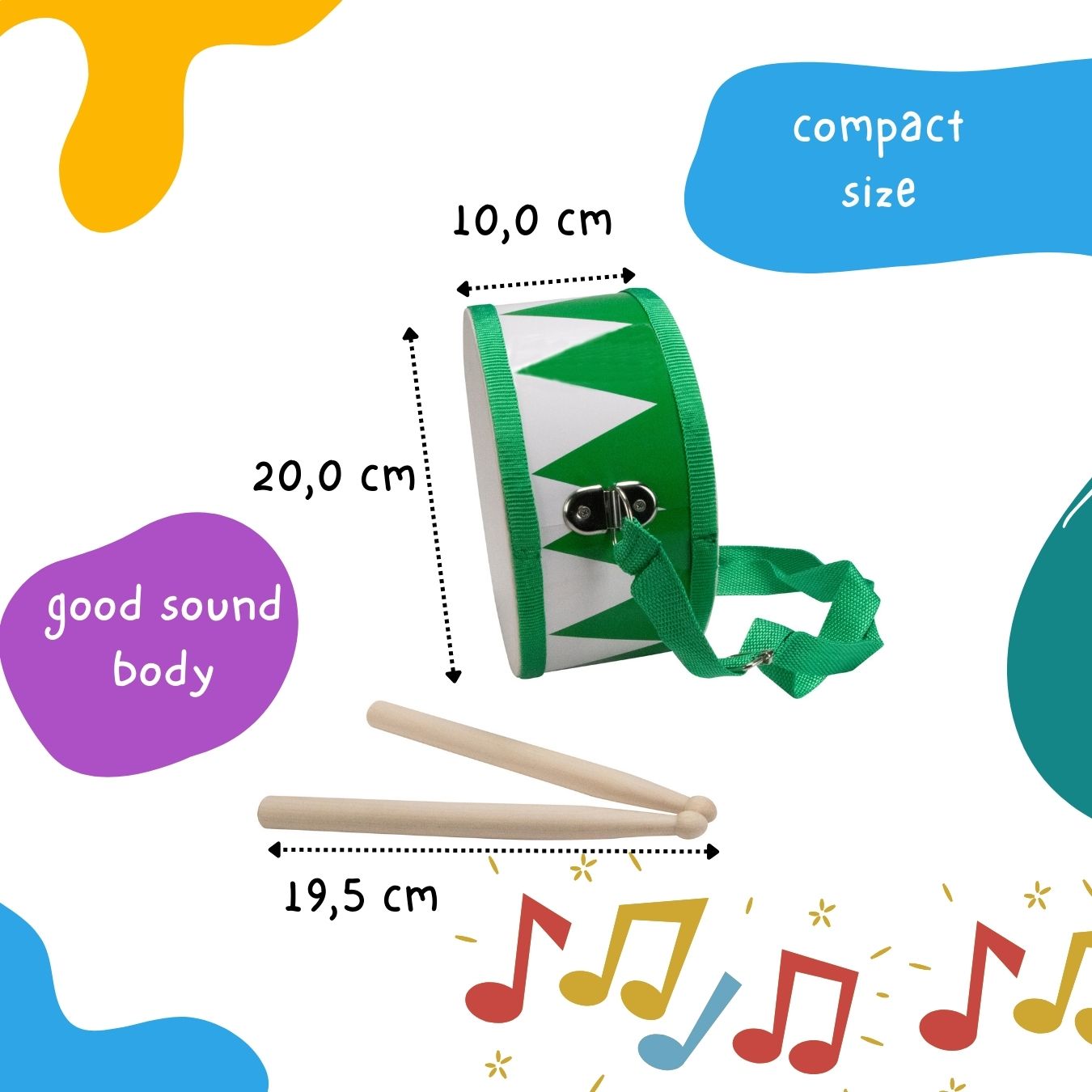 Trommel für Kinder grün/weiss – Holz, 20 cm, mit Sticks & Gurt -  3845g