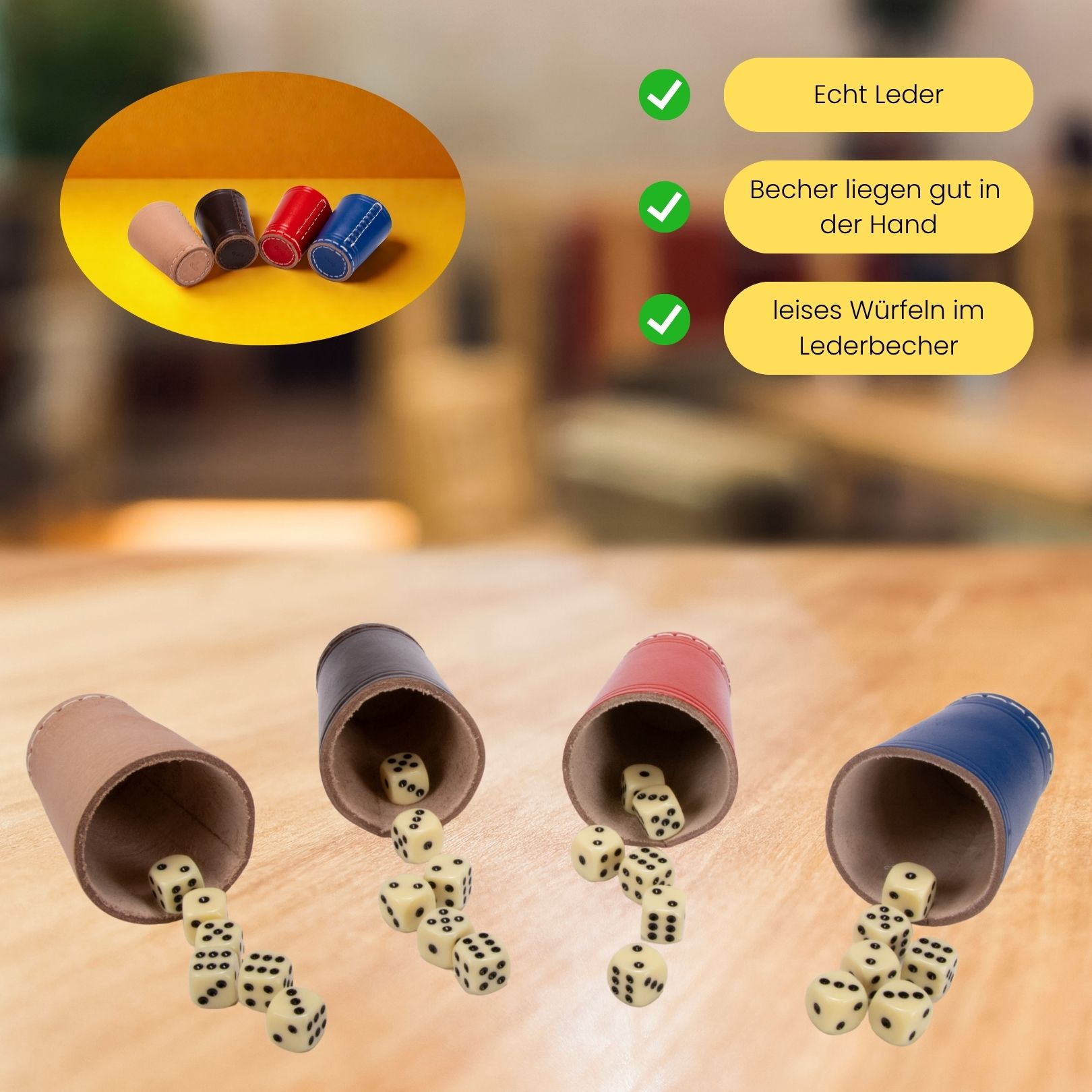GICO 4 Stück Würfelbecher (echt Leder) bunt (9 cm) mit 6 Würfeln -  5908