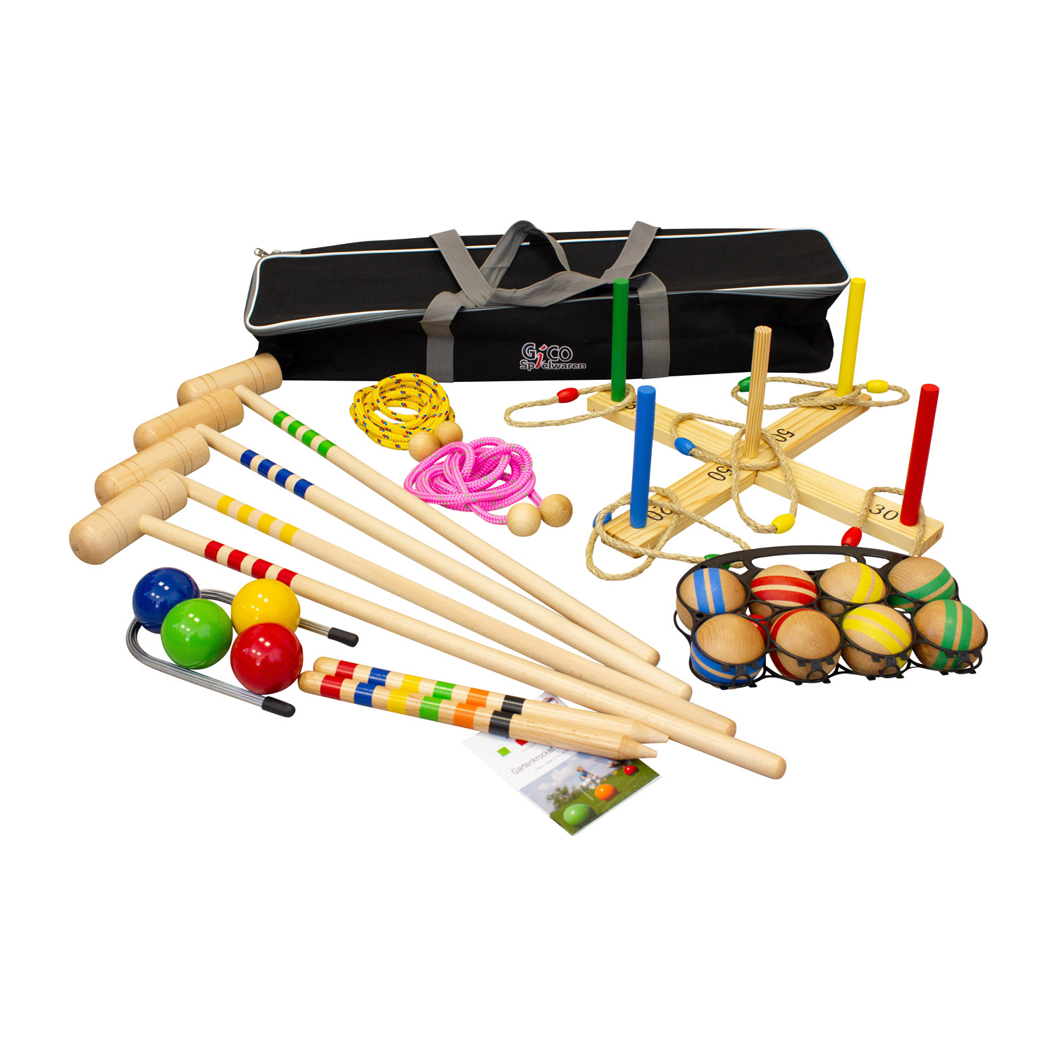 GICO Gartenparty Kindergeburtstag Set mit Transporttasche Krocket Wurfspiel Boccia Springseile 3211