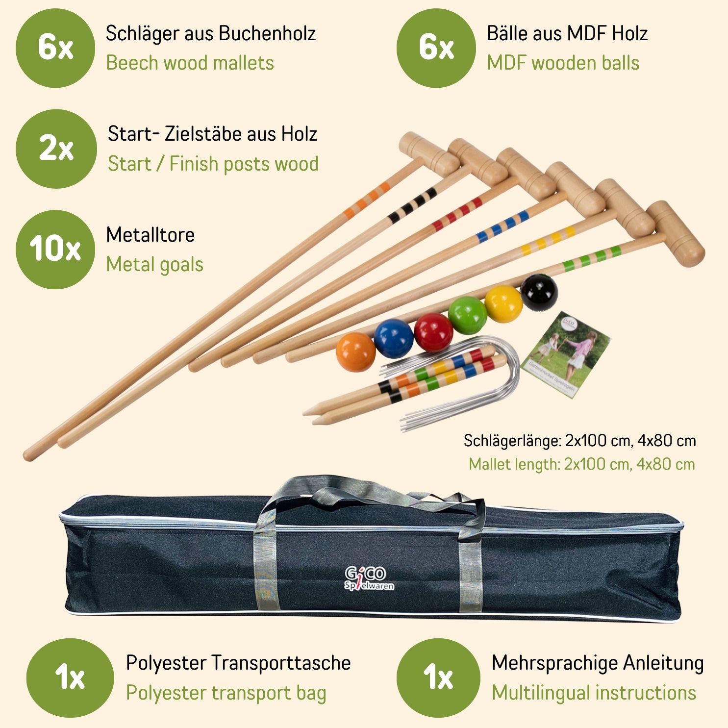 GICO Krocket Set Family 6 Spieler,  2x100cm,4x80 cm in Transporttasche -3236