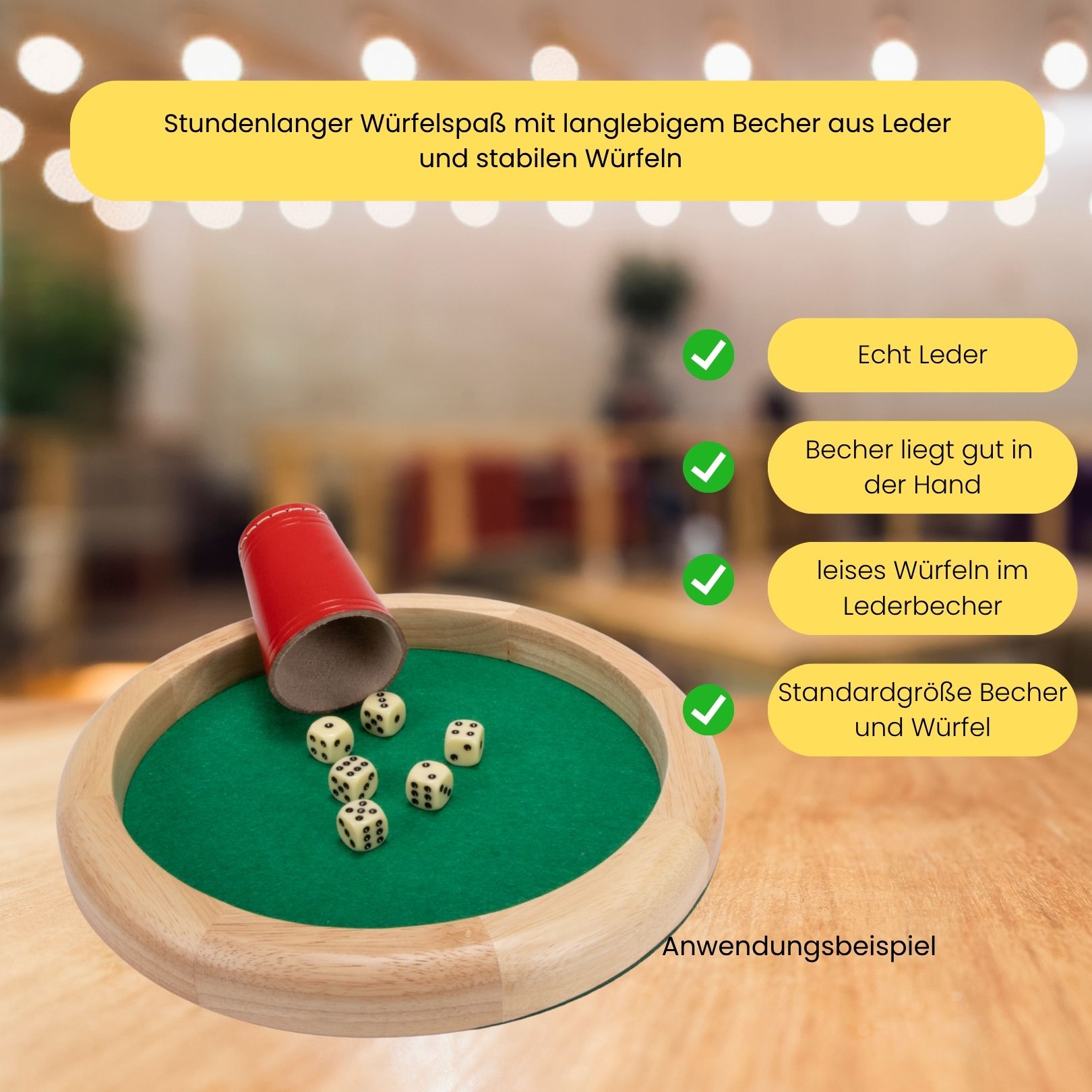 Würfelbecher rot (echt Leder) Standard (9 cm) mit 6 Würfeln 5903