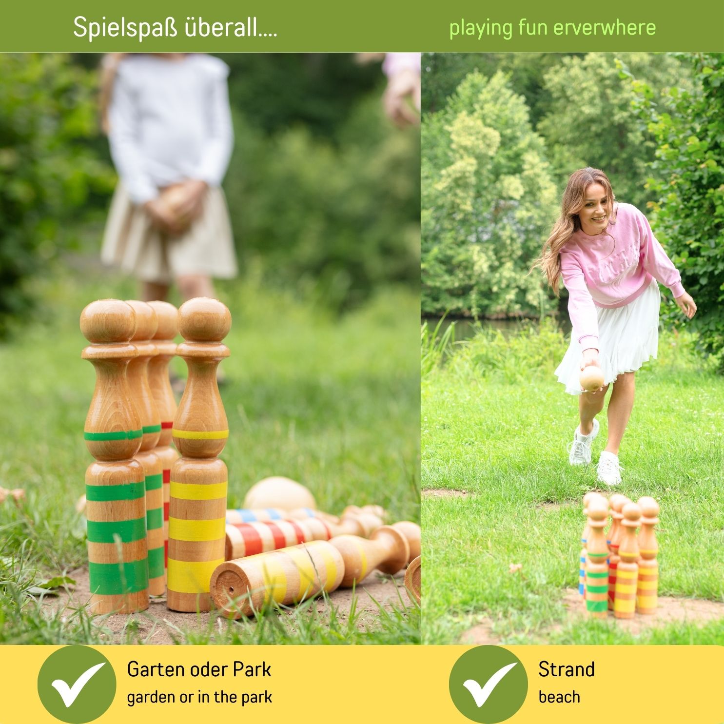 Kegelspiel Kegel Set Bowling 24 cm aus Holz groß für Kinder und Erwachsene - Massivholz 24 cm, gestreift - 3025