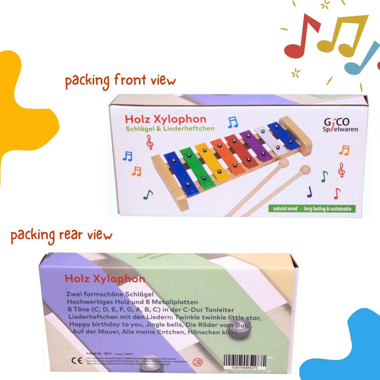 GICO Kinder-Xylophon – Holz, 8 Töne & Liederbuch zum Mitspielen- 3811