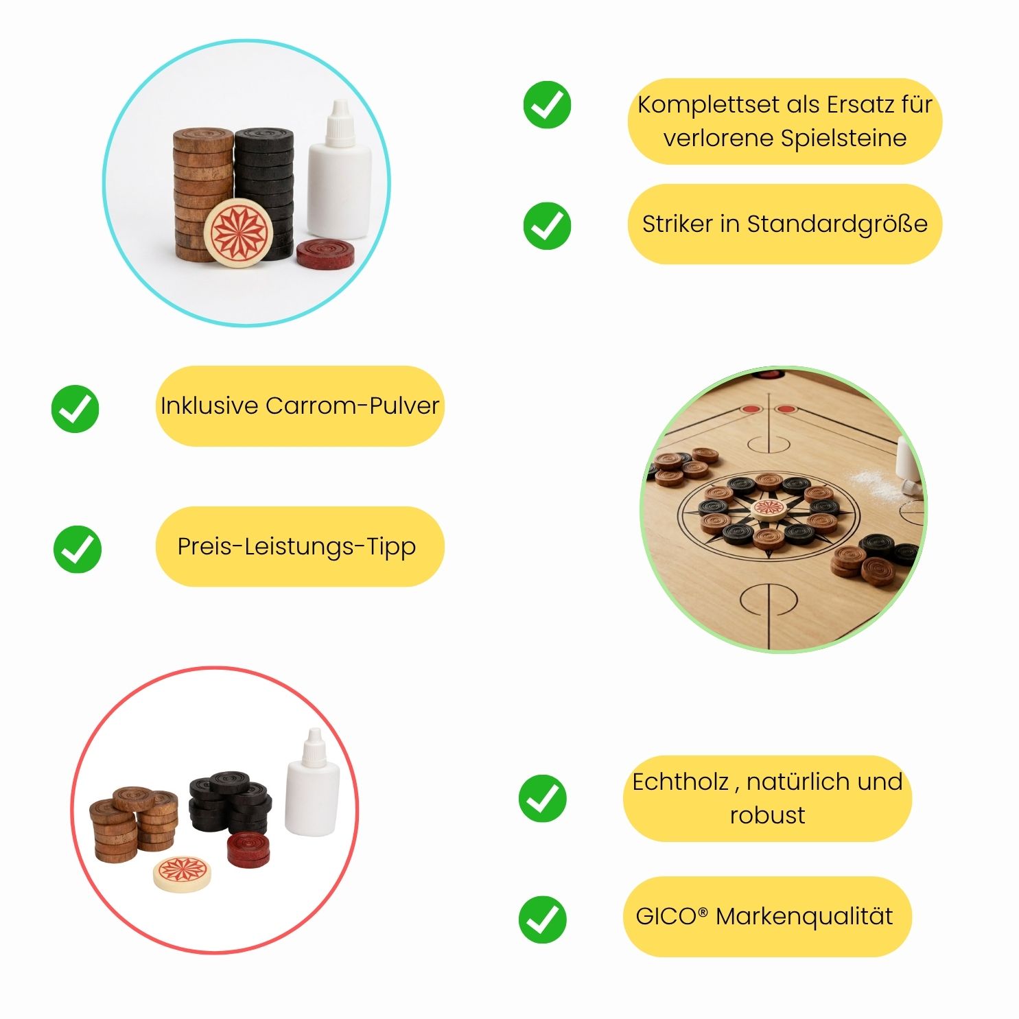 GICO Carrom Steine Komplettsatz, MB Economy Class -einfache, zweckmäßige Spielsteine- 2101