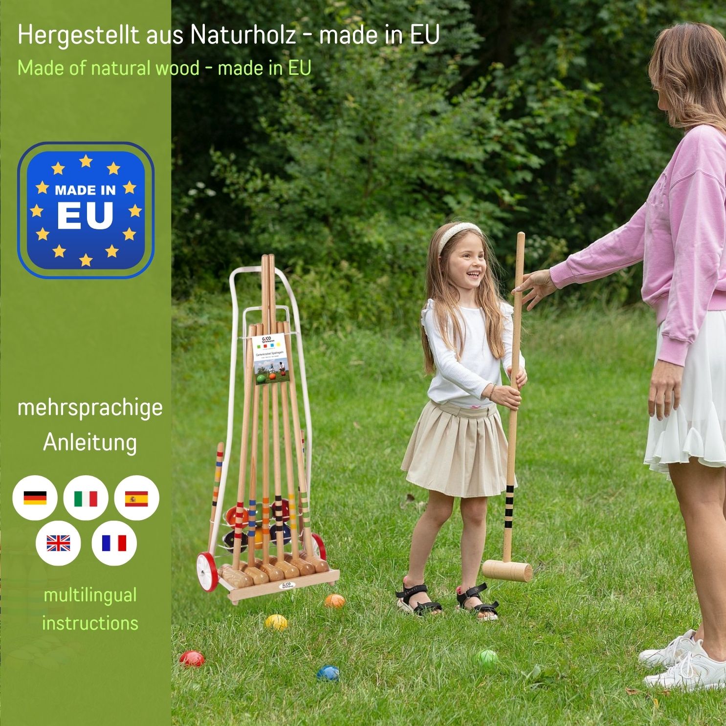 GICO Krocket Set Family 6 Spieler Transportwagen 80&100 cm Schlägerlänge - Qualitätsware made in EU 3136