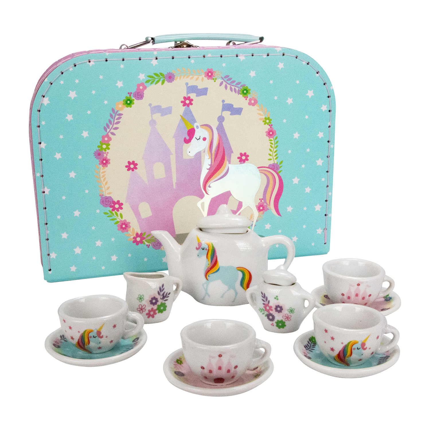 GICO Kinder Teeservice Spielkoffer Teeset Einhorn Spielzeug Porzellangeschirr 13 -TLG - CH12102