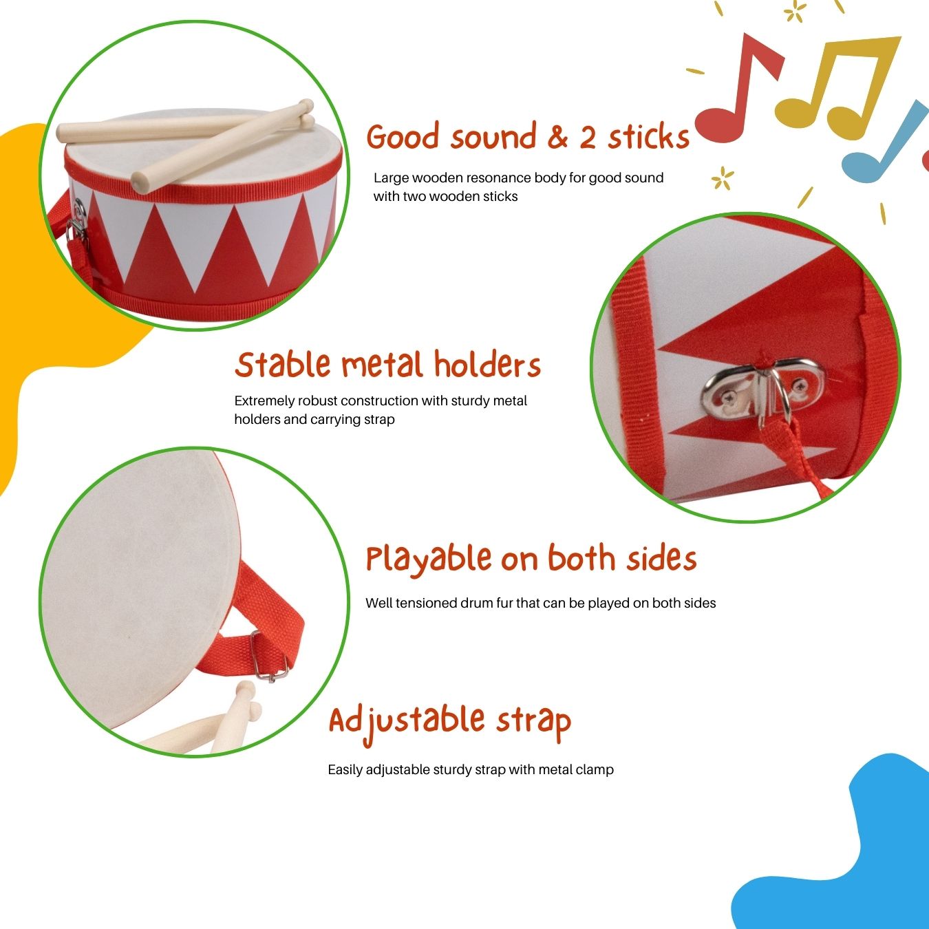 Trommel für Kinder rot/weiss – Holz, 20 cm, mit Sticks & Gurt- 3845r