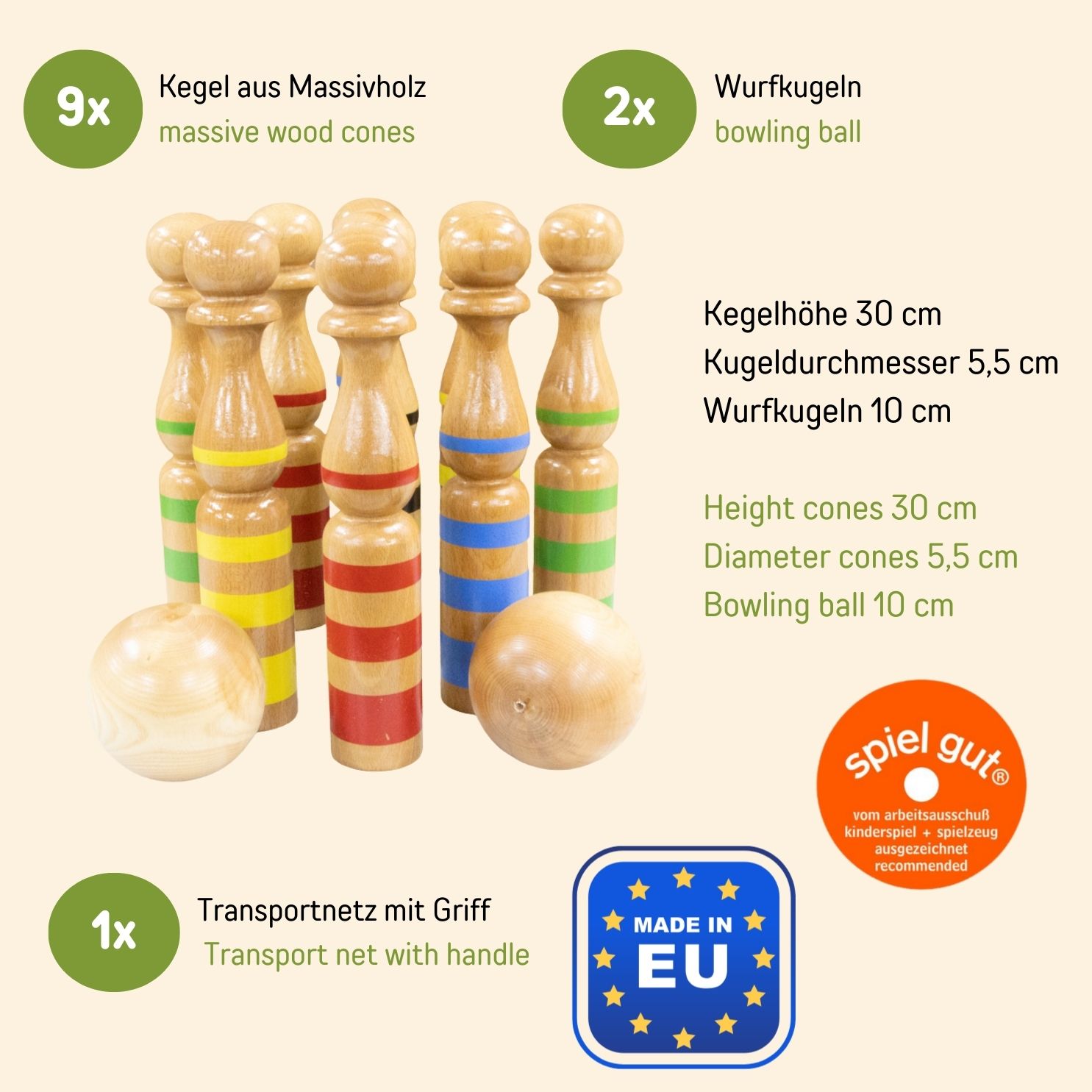 Kegelspiel Kegel Set Bowling 30 cm aus Holz groß für Kinder und Erwachsene - Massivholz 30 cm, gestreift - 3026