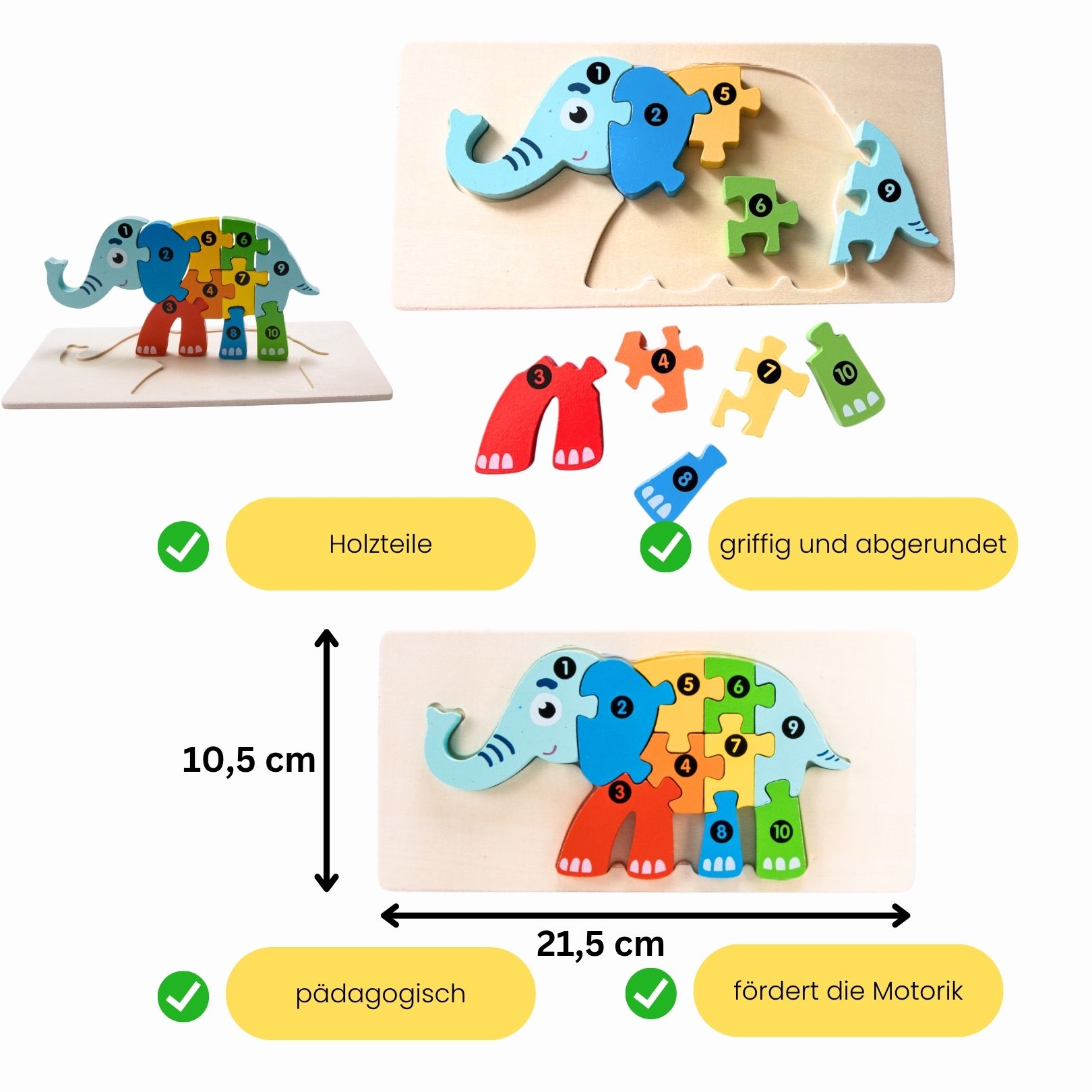Holzpuzzle Elefant aus Holz mit Zahlen von 1 bis 10- 3910