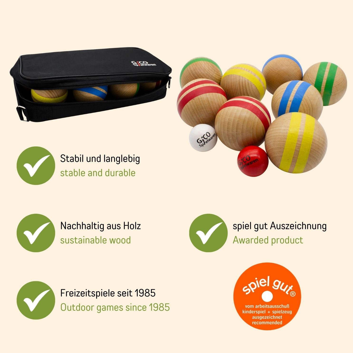 GICO Boccia Spiel aus Massivholz, gestreift mit 8 Kugeln, Durchmesser 7 cm - 3021