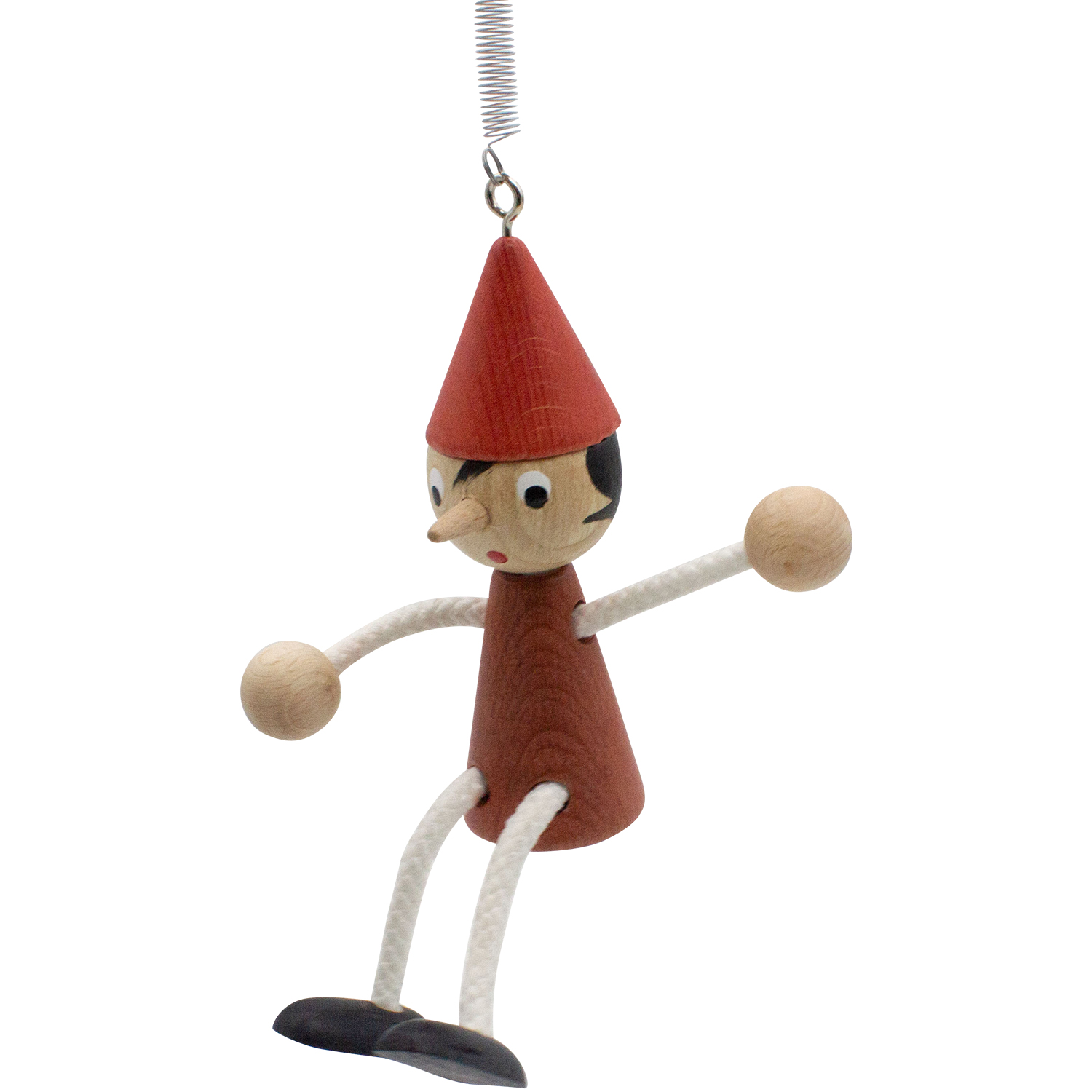 Pinocchio Schwingfigur aus Holz, lasiert mit Feder, Länge 20 cm + 18 cm Feder- Made in Italy- 9006
