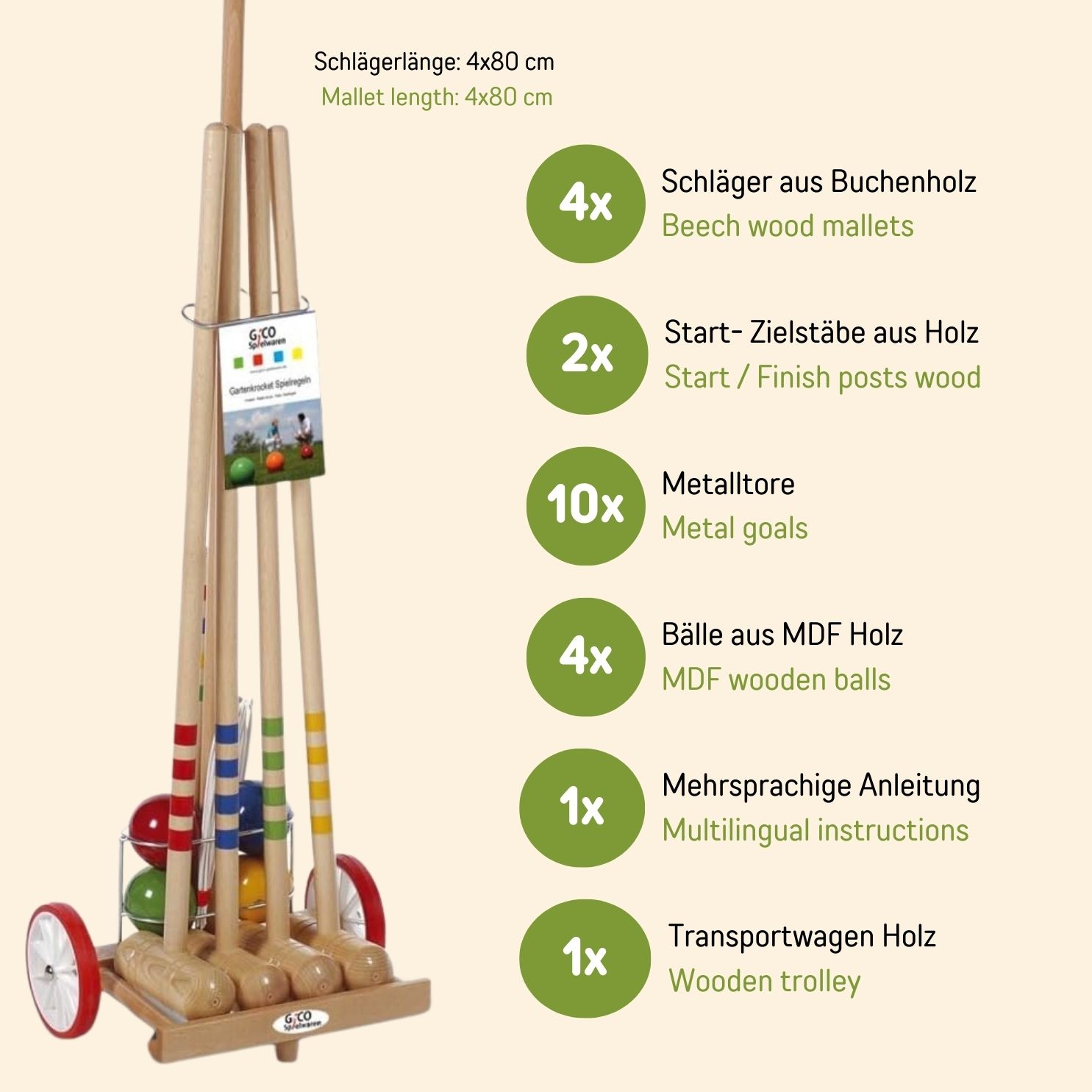 GICO Krocket Set für 4 Spieler Transportwagen ,4x80 cm -3110