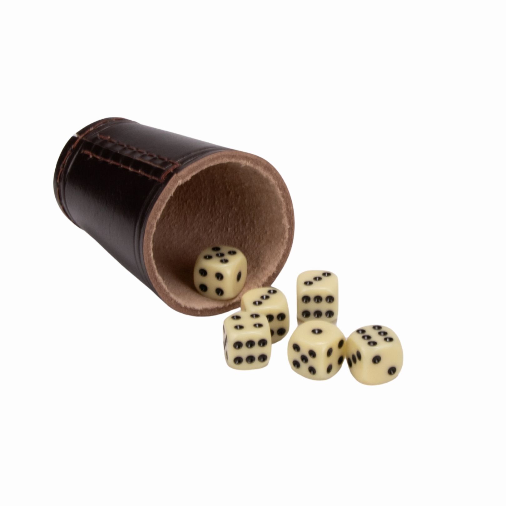 Würfelbecher braun (echt Leder) Standard (9 cm) mit 6 Würfeln 5905