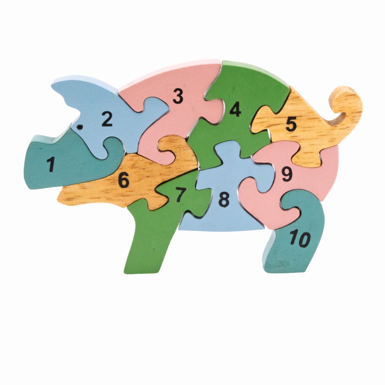 Holzpuzzle Schwein pastellfaben mit Zahlen von 1 bis 10- 3924