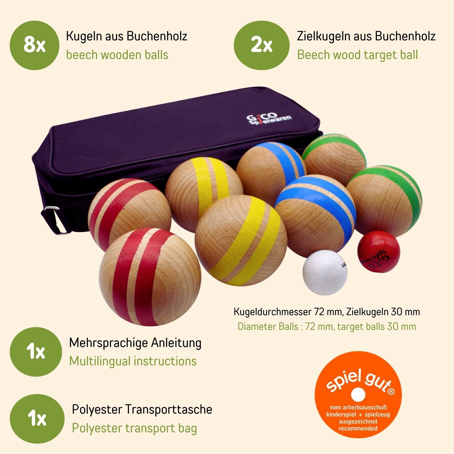 GICO Boccia Spiel aus Massivholz, gestreift mit 8 Kugeln, Durchmesser 7 cm - 3021