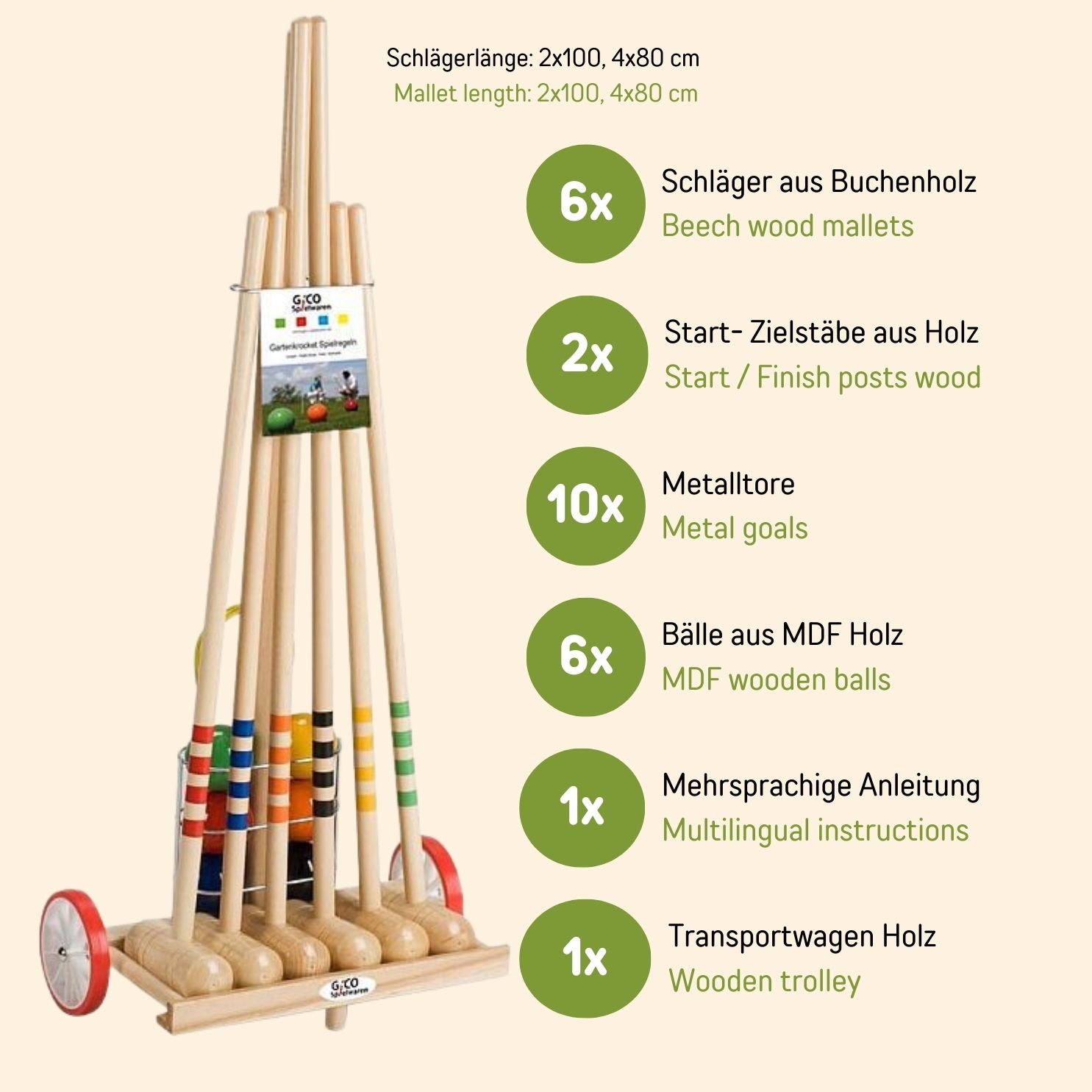 GICO Krocket Set Family 6 Spieler Transportwagen  2x100cm,4x80 cm -3111
