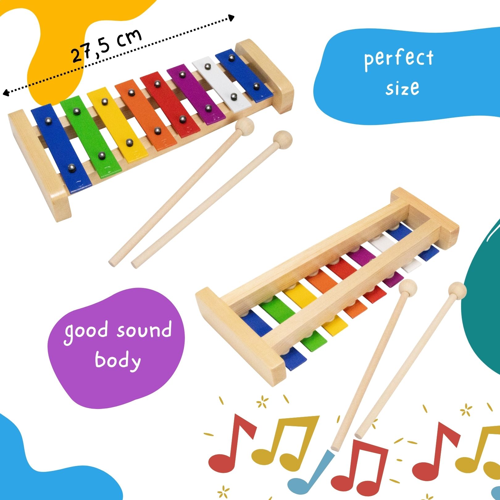 GICO Kinder Xylophon für Kinder Metallphon aus Holz mit 8 Tönen L: 27,5 cm - 3811