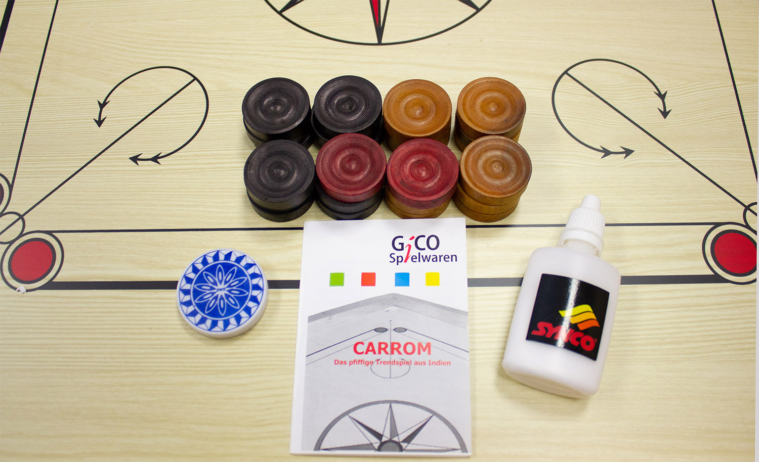 Carrom Board Spiel Synco 66x66cm  mit komplettem Zubehör und Gleitpulver - 2966