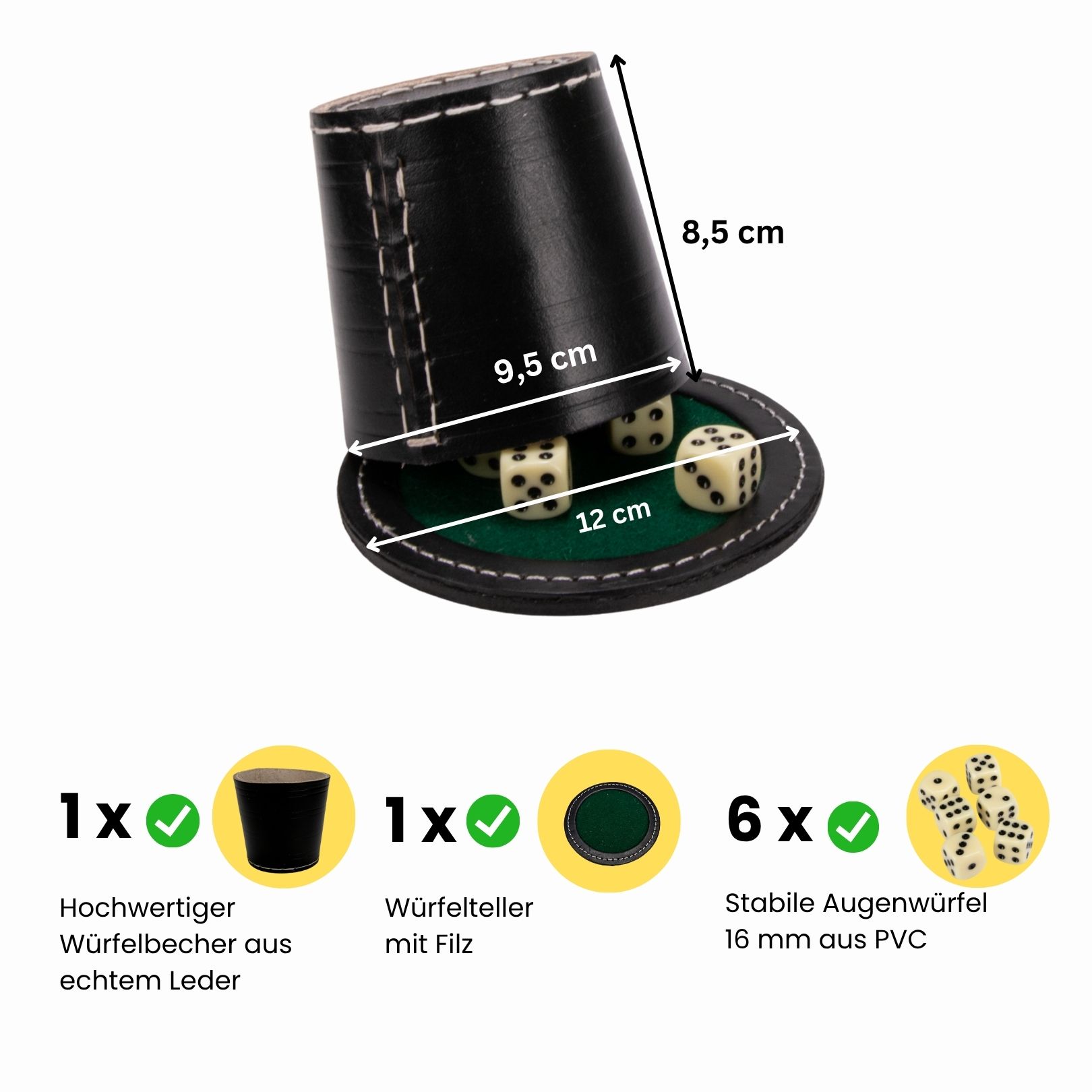 GICO Qualitäts Würfelbecher groß XL,Würfelteller, 6 Würfel - 5901