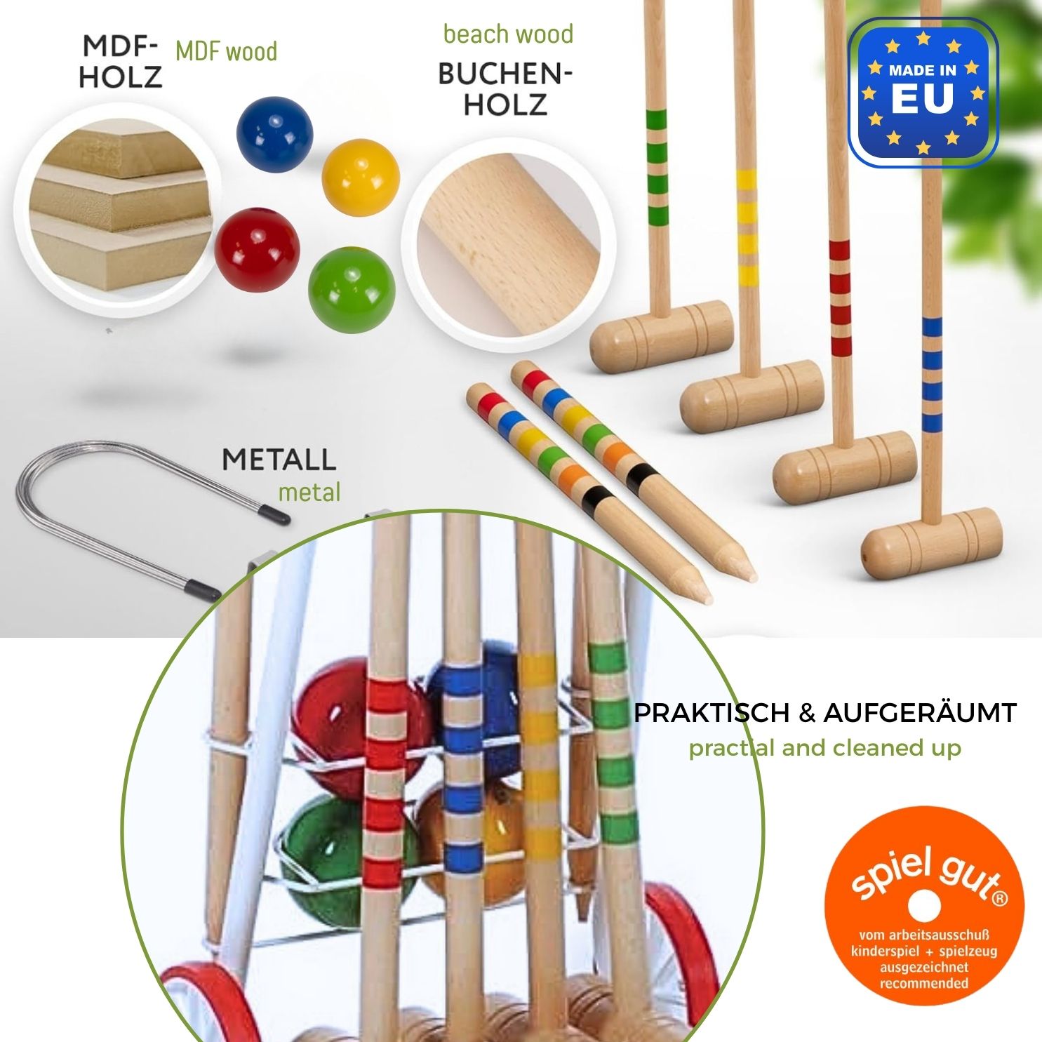 GICO Krocket Set Adult 4 Spieler Transportwagen (Erwachsenenlänge 100cm) - Qualitätsware made in EU 3124