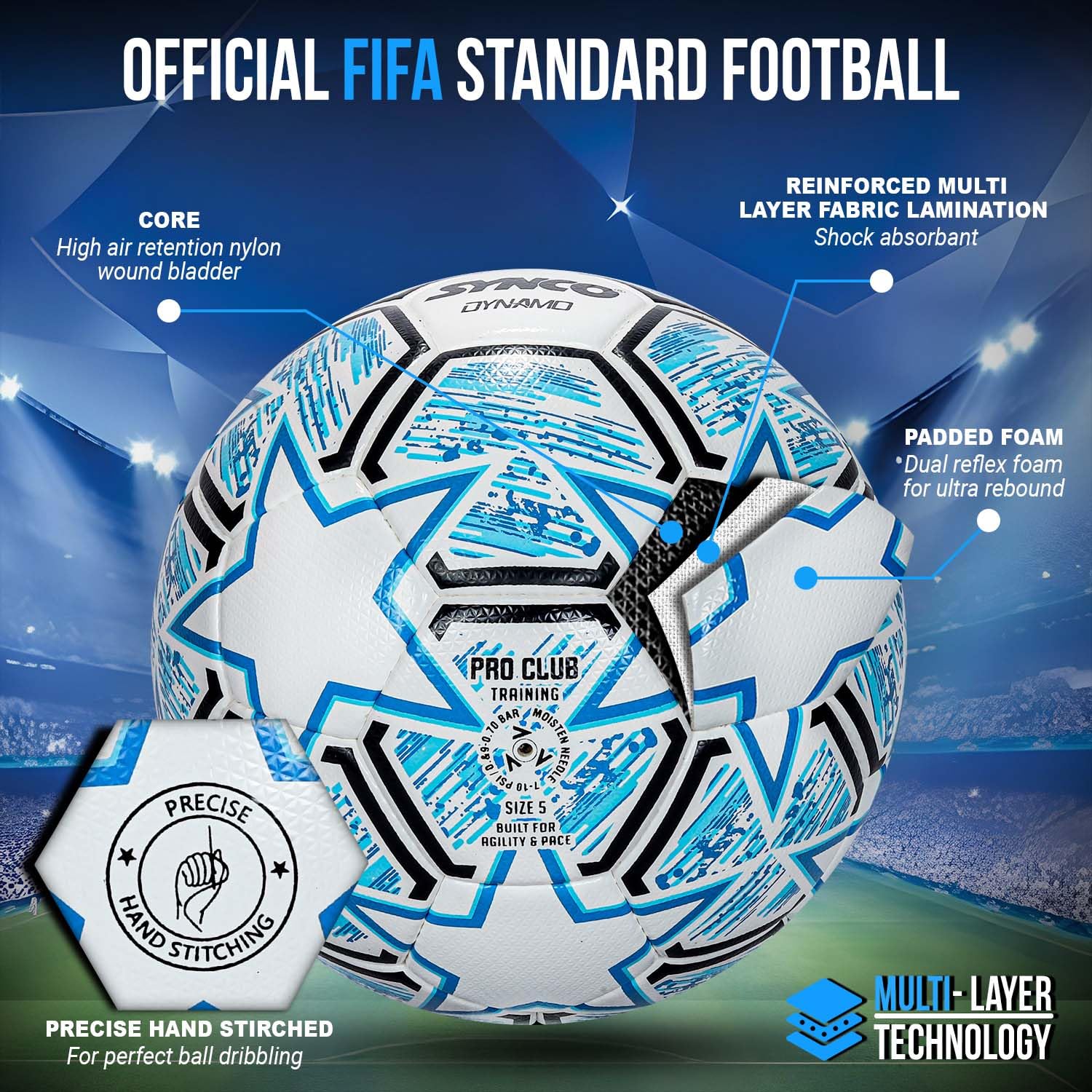 Synco Fußball Dynamo FIFA zertifizierter Größe 5, Handgenäht - 1002