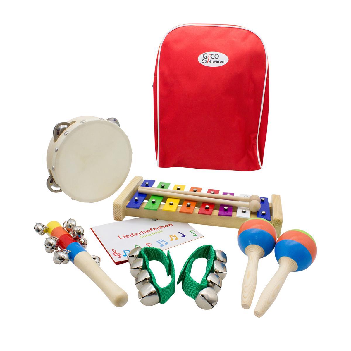 Kinder Musikinstrumente Set "Musik im Rucksack": Xylophon, Tamburin, Schellenstab, Schellenarmbänder und Maracas - 3878-Rot