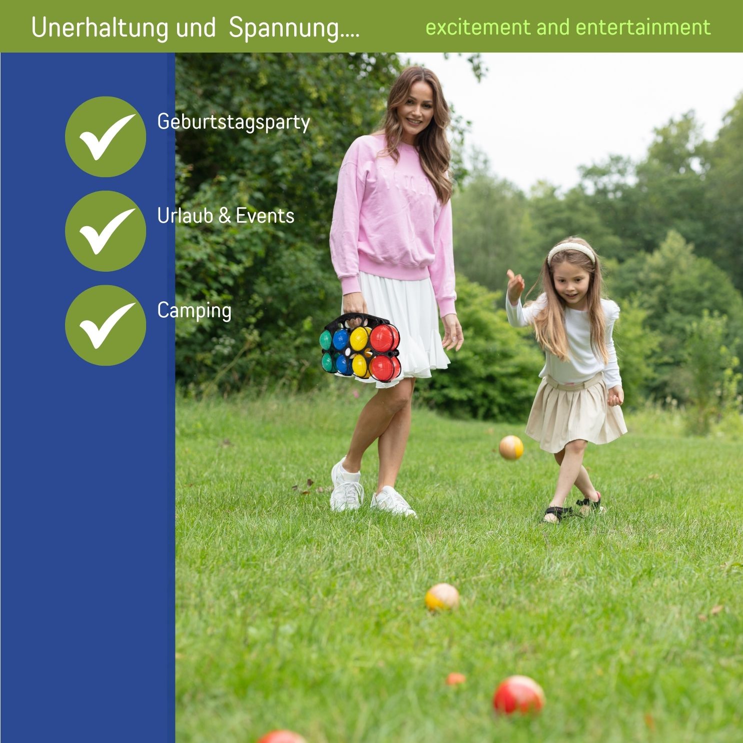 Boccia Spiel für Kinder und Erwachsene mit 8 Kugeln und Tragenetz - 3014